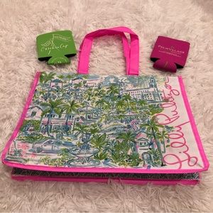 Lilly Pulitzer Palm Beach Breakers reusable Tote Bag and koosies